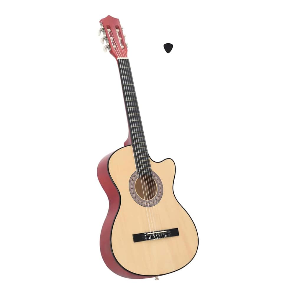 vidaXL Western Acoustic Cutaway Guitar with 6 Strings 38" Basswood, shown from the front with a guitar pick above it
