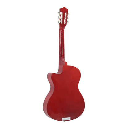 Rear view of the red western acoustic guitar showing its rounded back