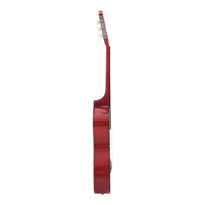 Side profile of the red western acoustic guitar showing its slim body