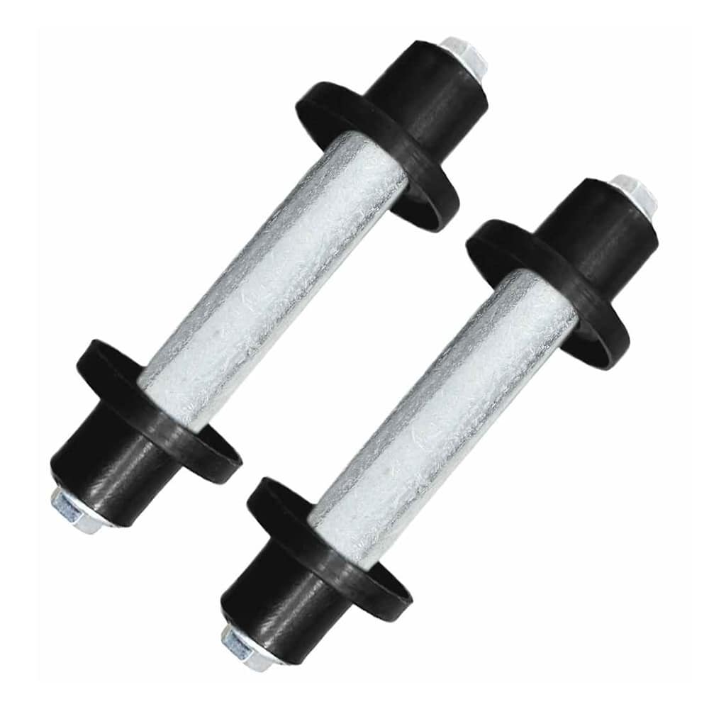 Two metal axles with black plastic ends and nuts for wheelbarrows