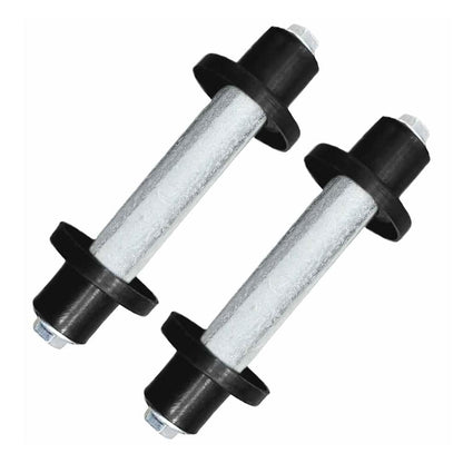 Two metal axles with black plastic ends and nuts for wheelbarrows
