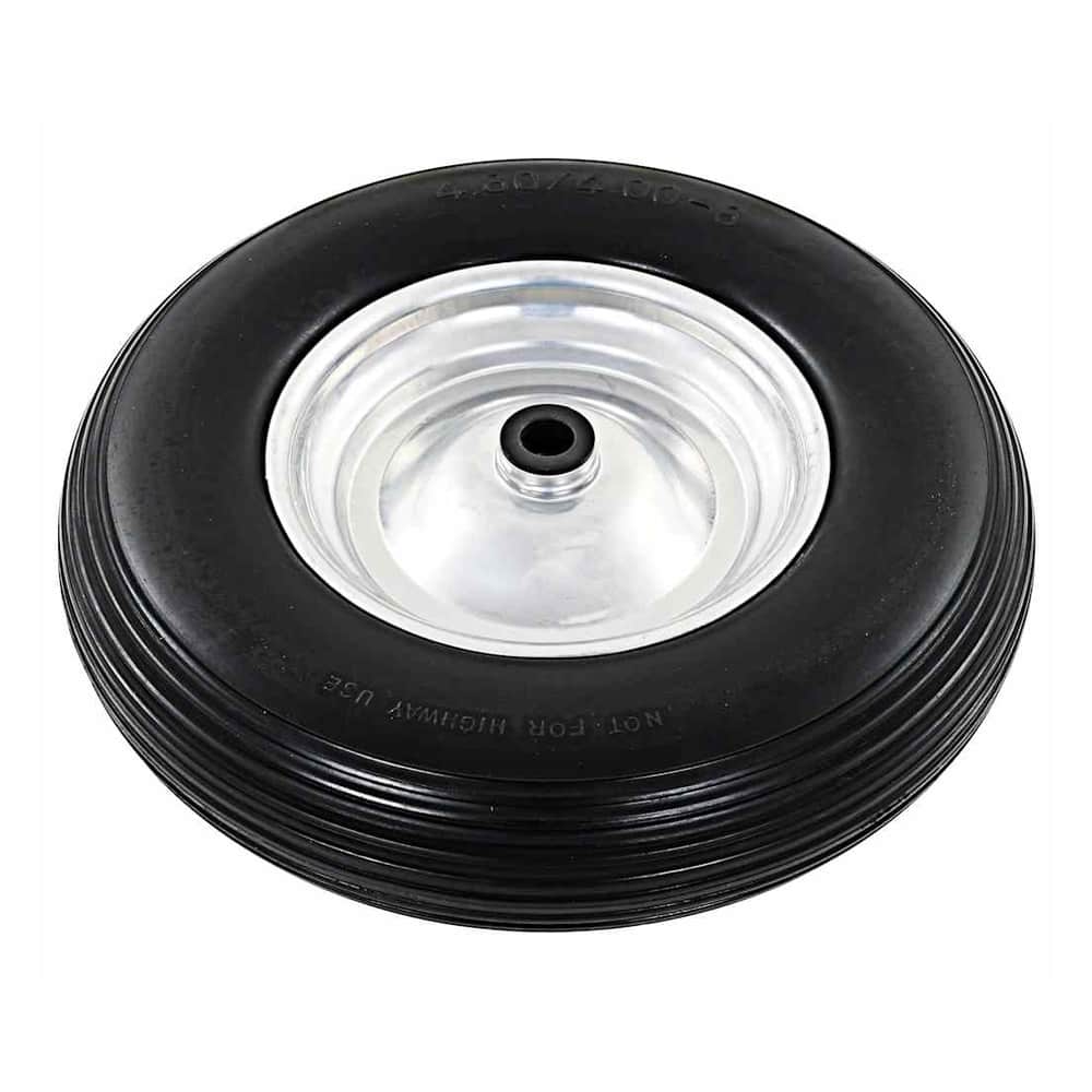 A single solid PU wheelbarrow wheel with a silver metal rim