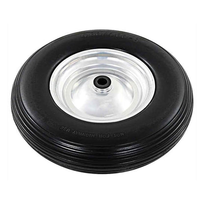 A single solid PU wheelbarrow wheel with a silver metal rim