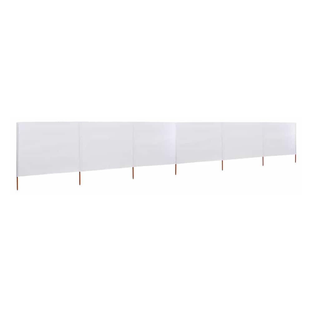the outdoor sunshade, a long white fabric screen with six panels and wooden support poles