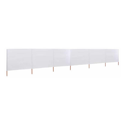 the outdoor sunshade, a long white fabric screen with six panels and wooden support poles