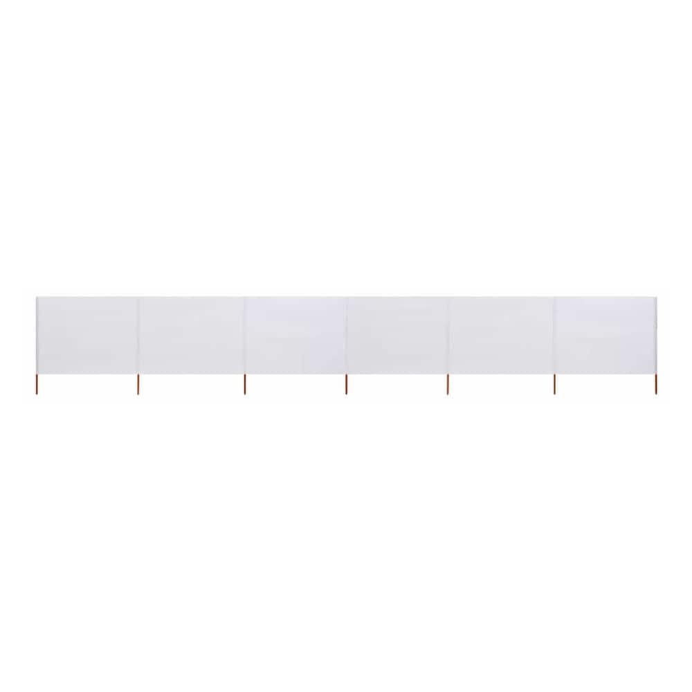 6-panel Wind Screen Sand White, a long white fabric screen divided into six panels, supported by small wooden poles