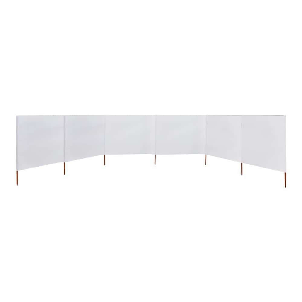 the outdoor sunshade, a long white fabric screen with six panels, shown from a slightly lower angle