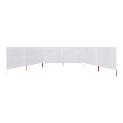 the outdoor sunshade, a long white fabric screen with six panels, shown from a slightly lower angle