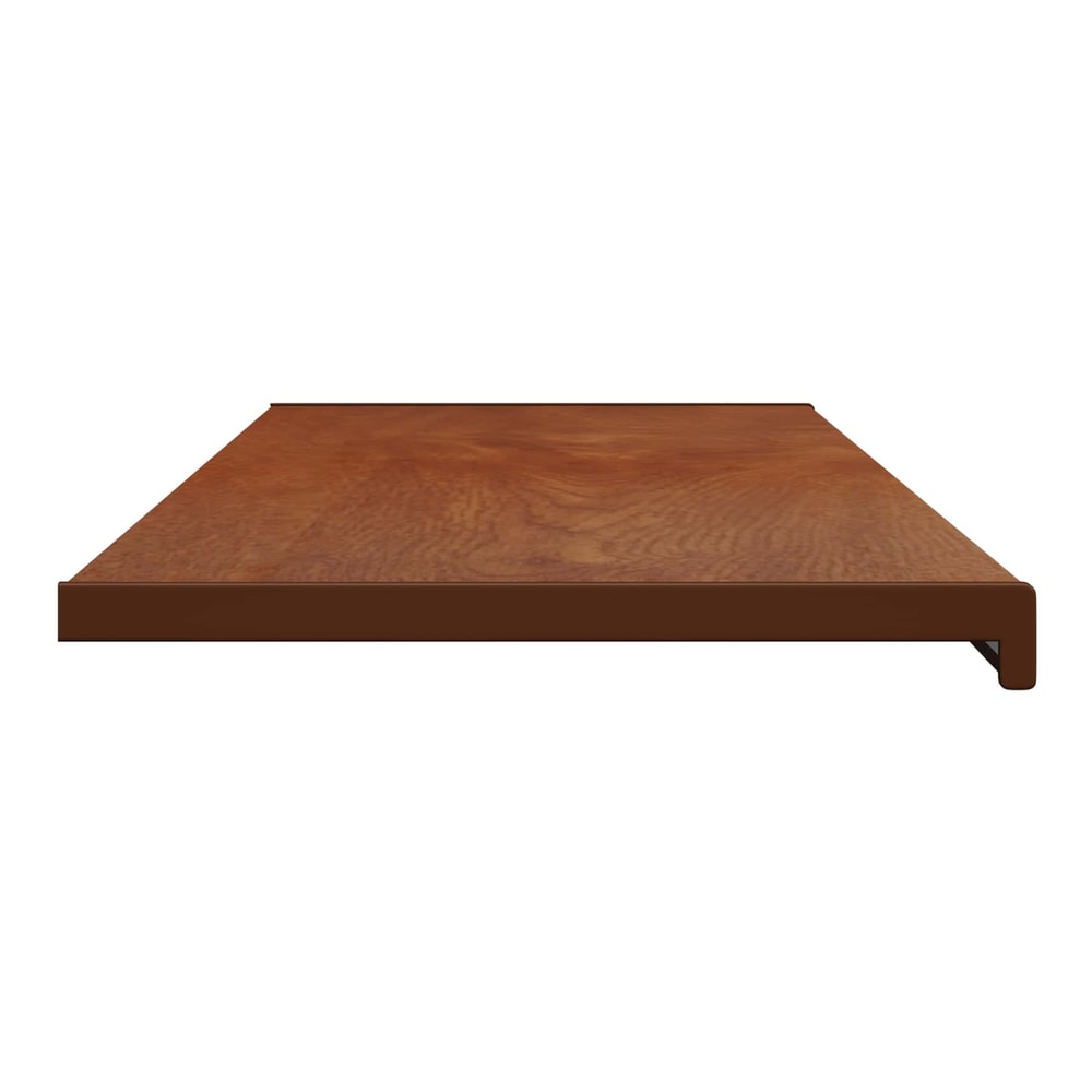 The brown wood PVC window sill shown from a low angle perspective