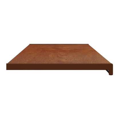The brown wood PVC window sill shown from a low angle perspective