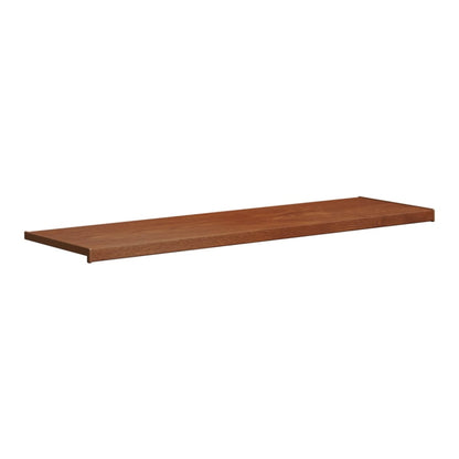 A brown wood PVC window sill shown from a side angle