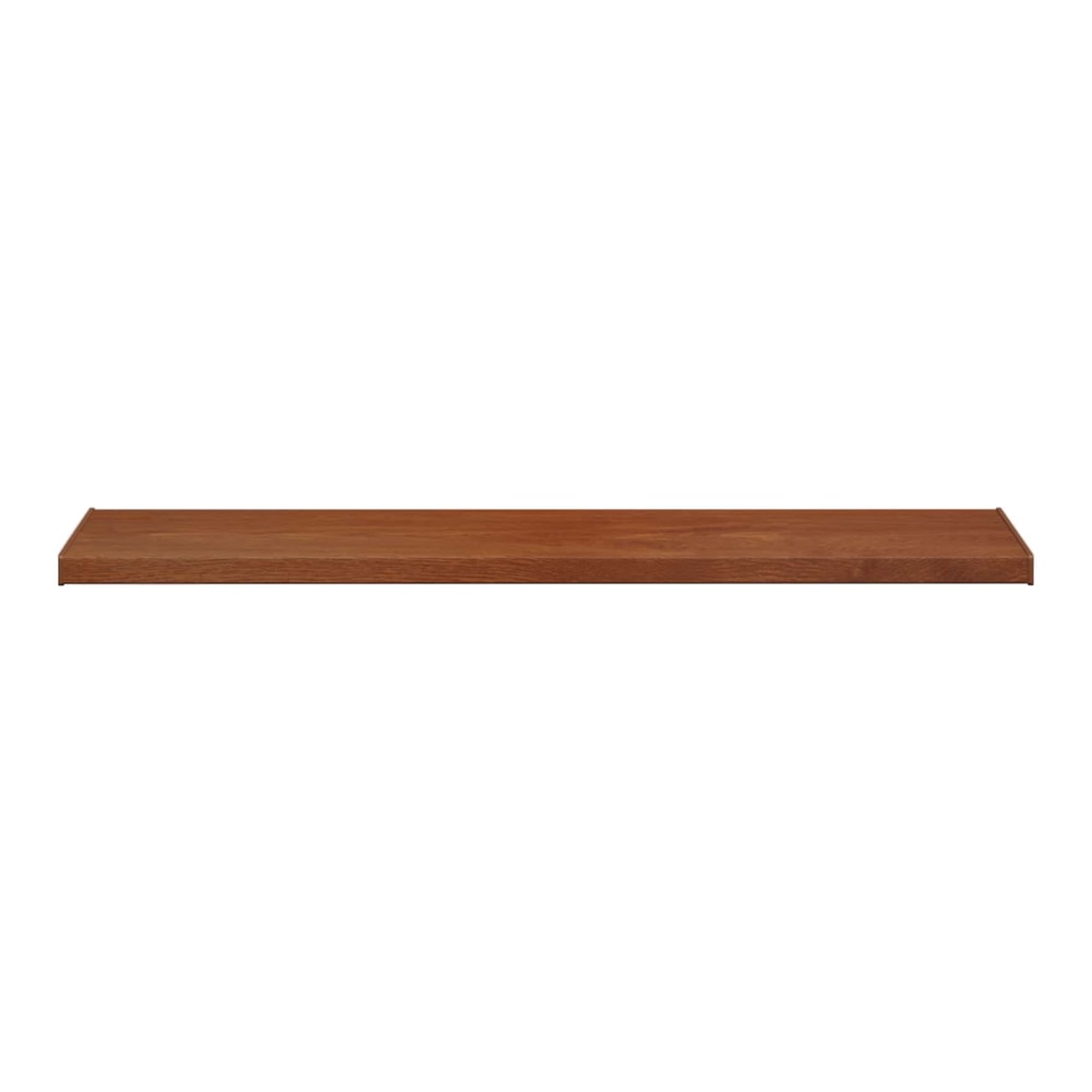 A long brown wood PVC window sill shown from a straight on angle