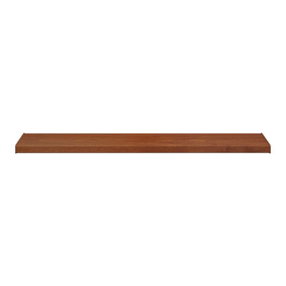 A long brown wood PVC window sill shown from a straight on angle