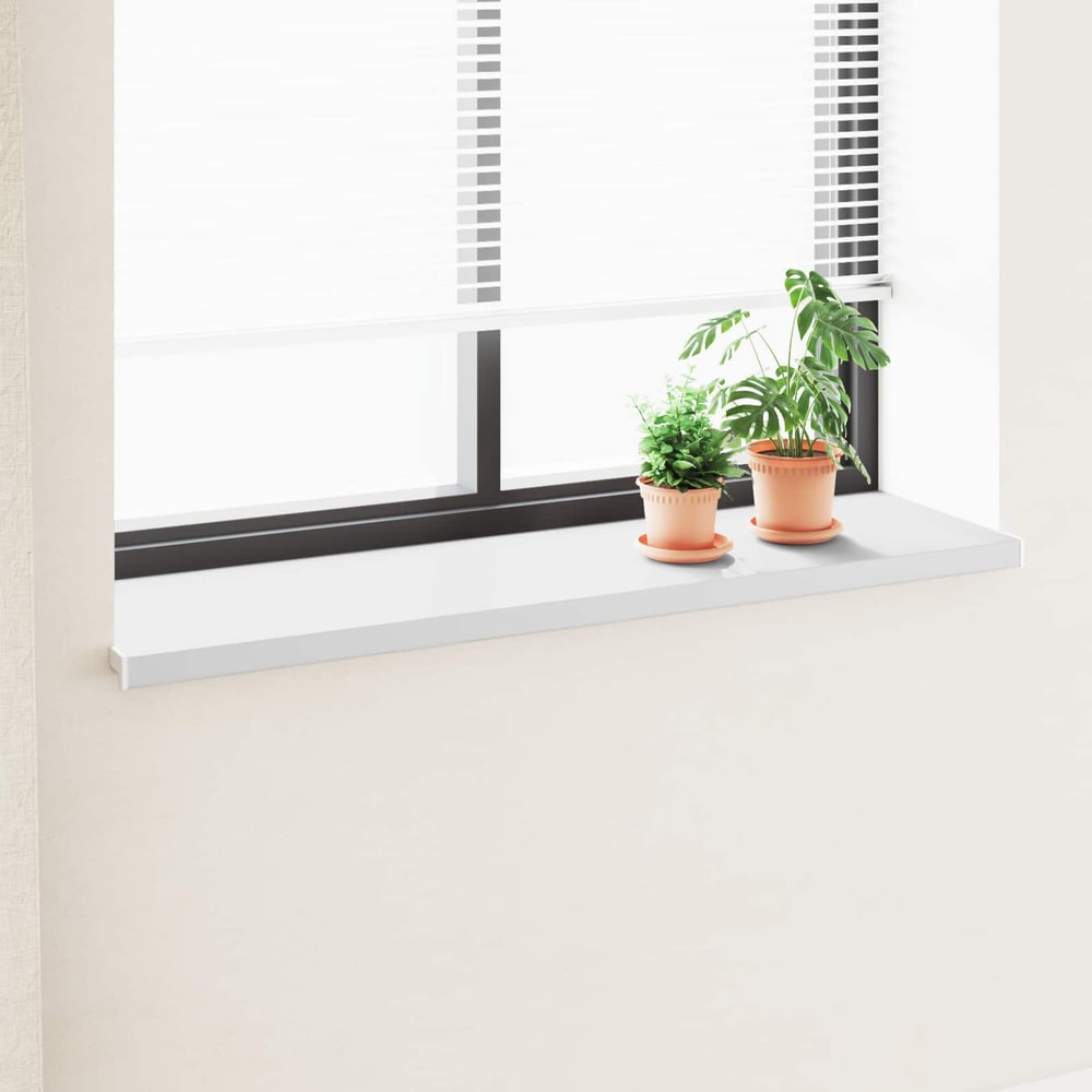 vidaXL Window Sill White PVC installed on a window with two potted plants