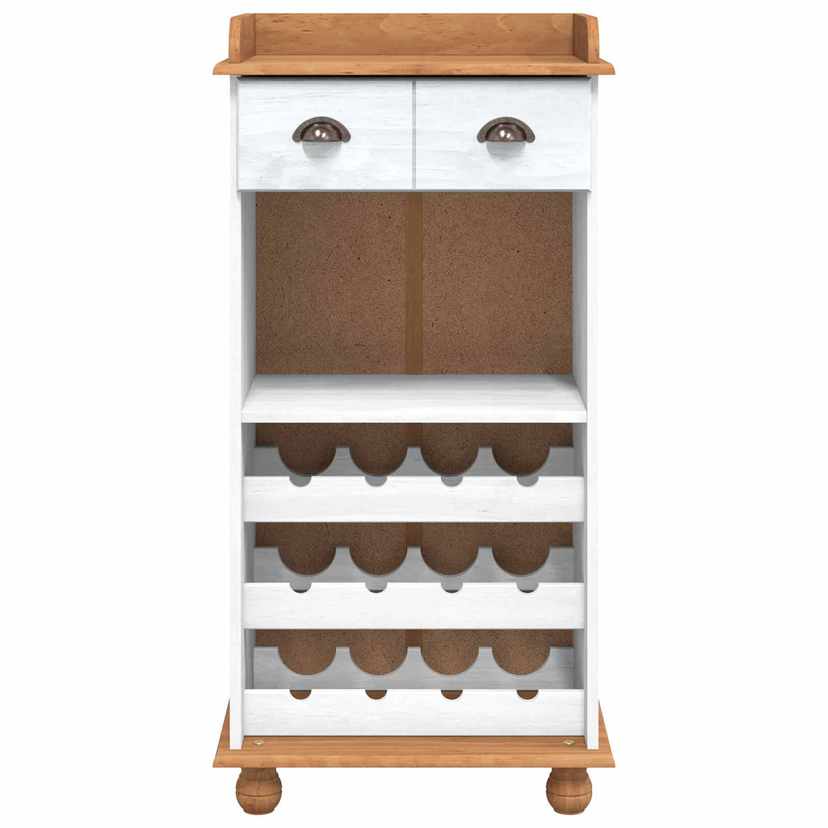 the white wine rack with honey top and two drawers, front view