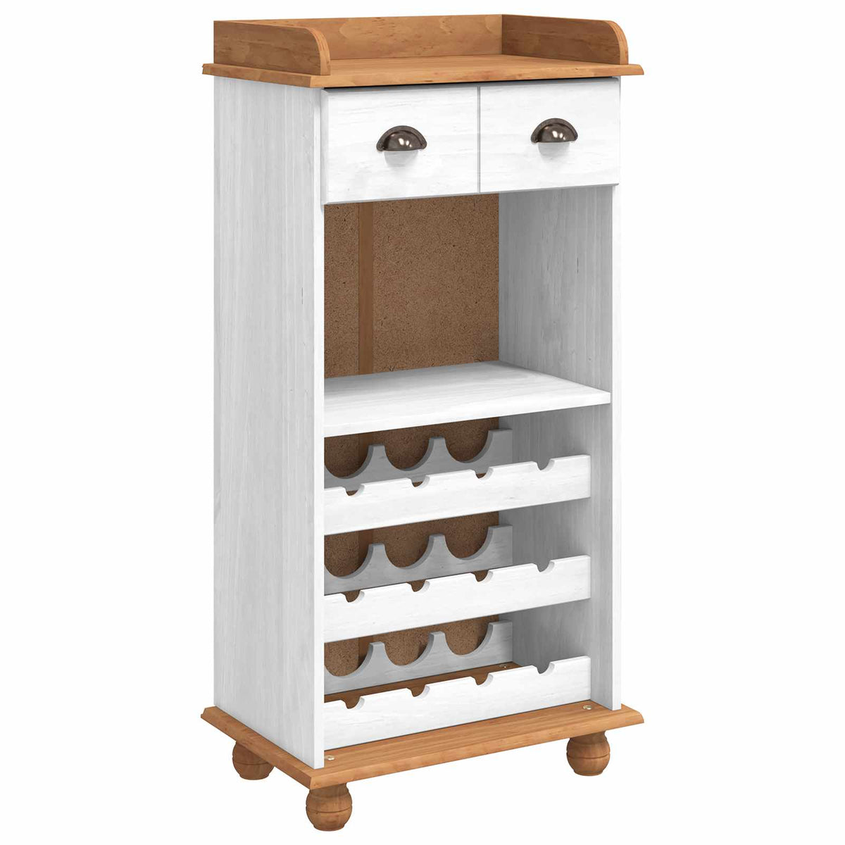 vidaXL Wine Cabinet ASKIM White with Honey Top, a white wine rack with honey coloured top and two drawers