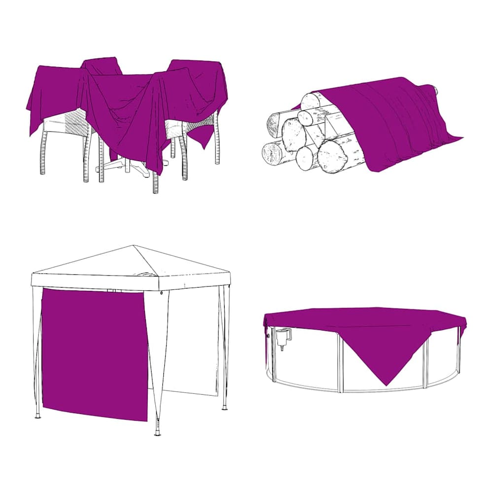 the clear tarpaulin shown in various applications like covering furniture and wood piles