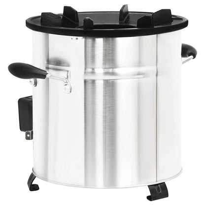 The wood stove seen from the back with the fan unit partially visible on the side