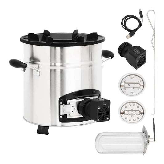 vidaXL Wood Stove with USB Fan Silver Stainless Steel shown with all included parts and accessories