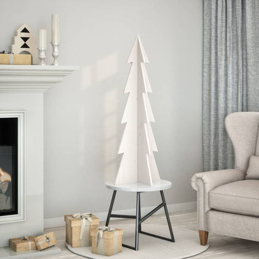 vidaXL Wooden Christmas Tree for Decoration White 112 cm standing in a room next to a fireplace