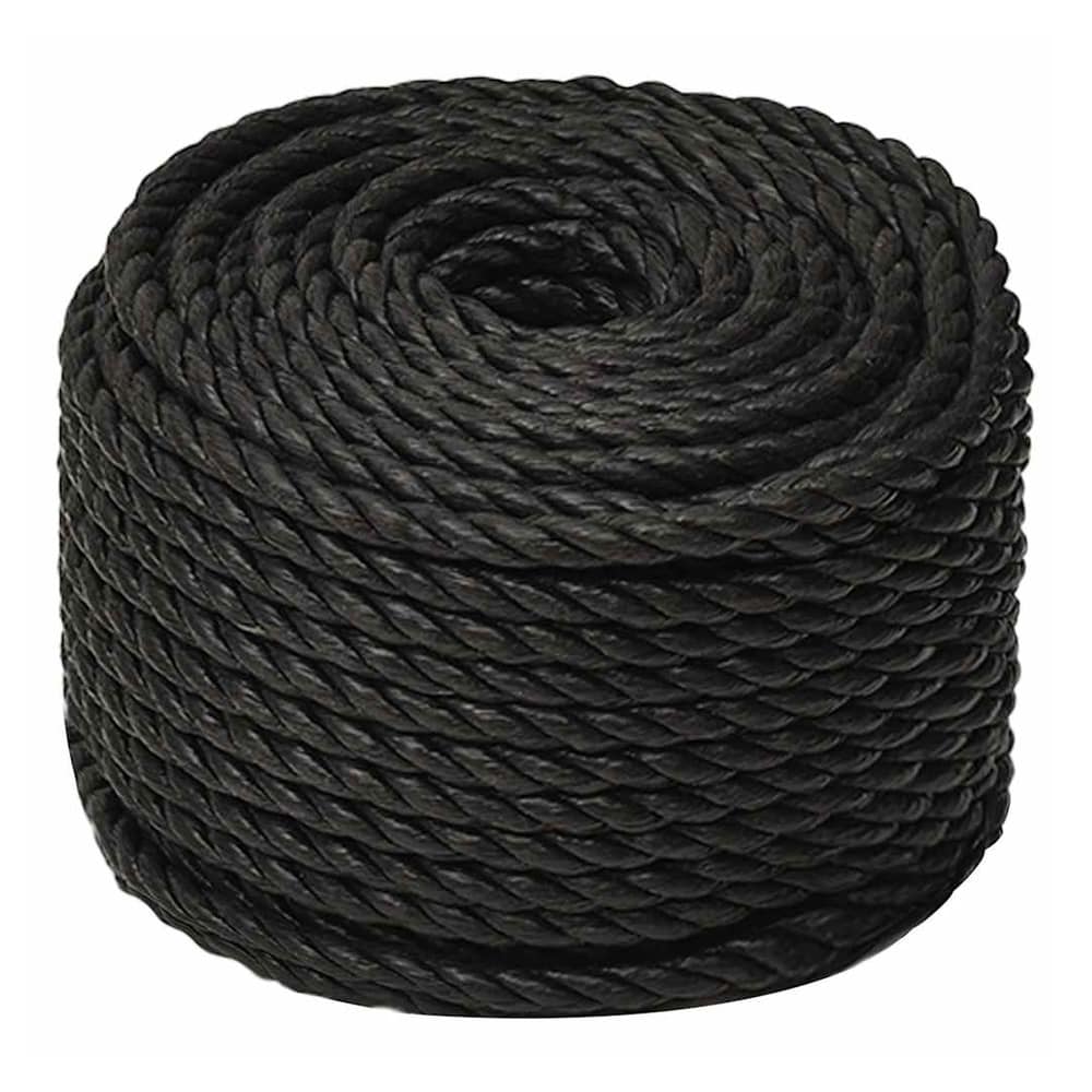 The black work rope coiled tightly, showing its texture