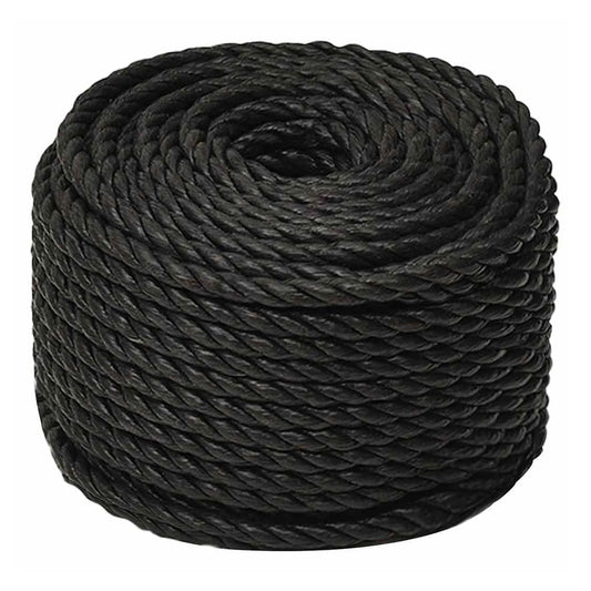 The black work rope coiled tightly, showing its texture