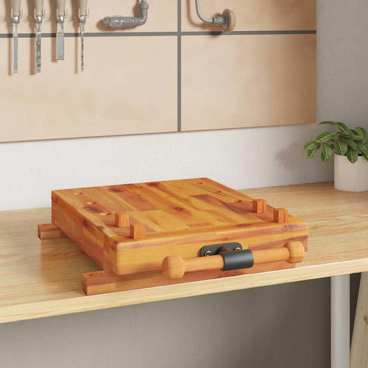 vidaXL Workbench Tabletop with Vice Solid Wood Acacia on a desk with tools in the background