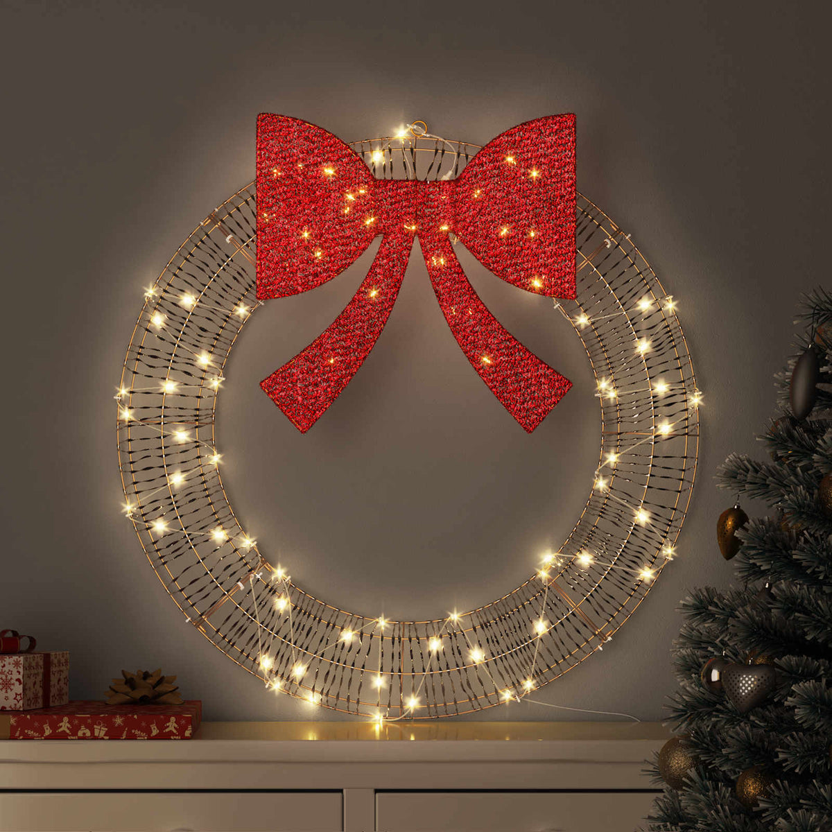 Wreath Warm white 75 x 75 x 8 cm PET 60 LEDs 75 cm Gold PET