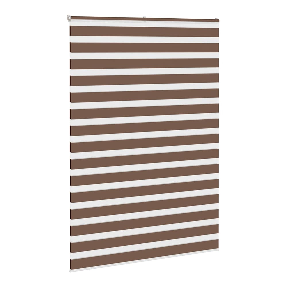 the brown zebra blind, shown from a side angle with its roller mechanism visible