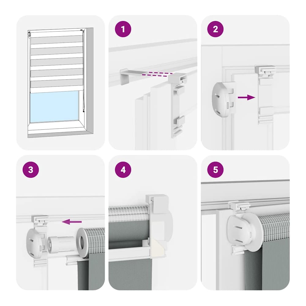 Instructions for installing the zebra blind, showing steps with numbered diagrams