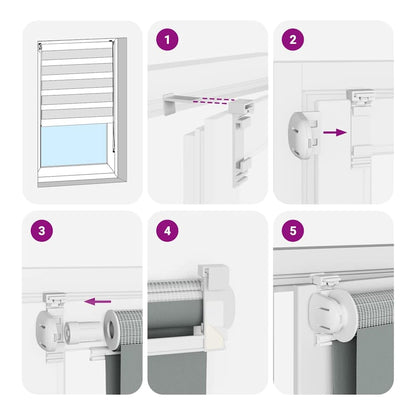 Instructions for installing the zebra blind, showing steps with numbered diagrams
