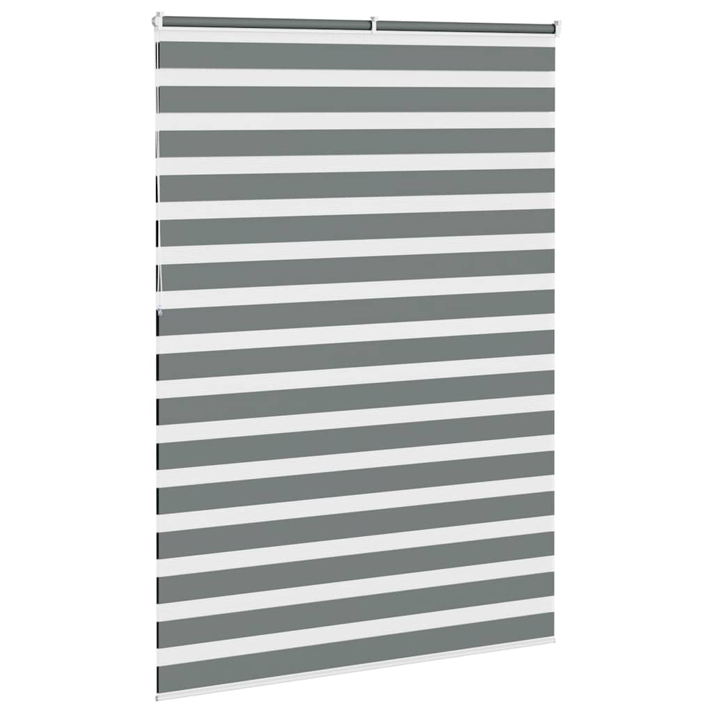 The dark grey zebra blind is shown from the side with its fabric down