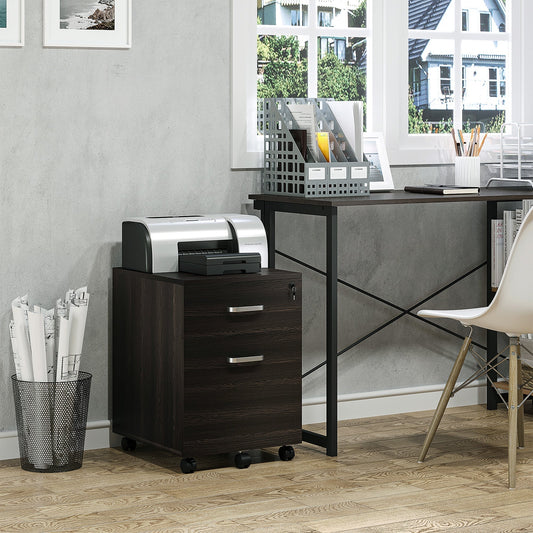 The office storage unit placed beside a desk with a printer on top in a home office setting