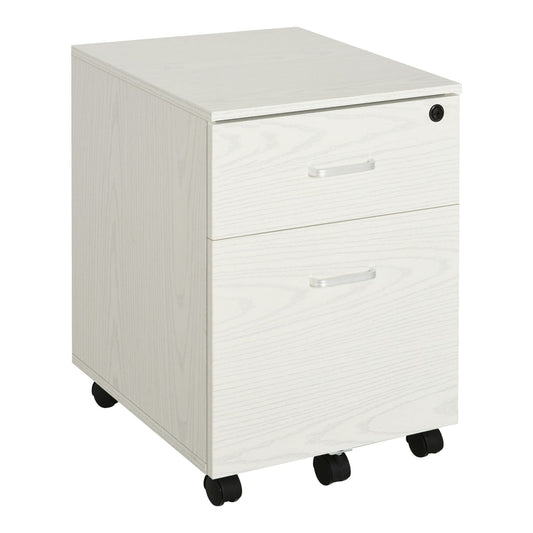 Vinsetto 2-Drawer Locking Office Filing Cabinet in white wood grain with silver handles and four wheels