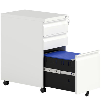 Vinsetto 3-Drawer Steel Filing Cabinet with Lock and Wheels in White