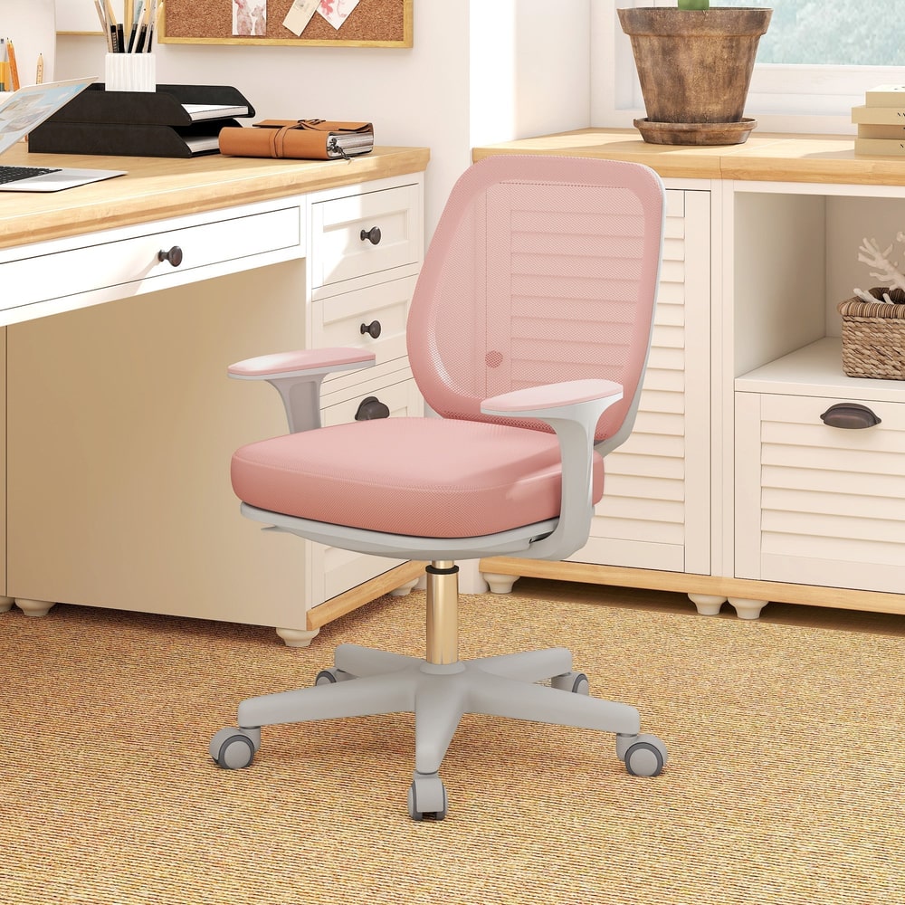 The pink mesh back office chair is set up in a home office with a desk and wooden cabinets