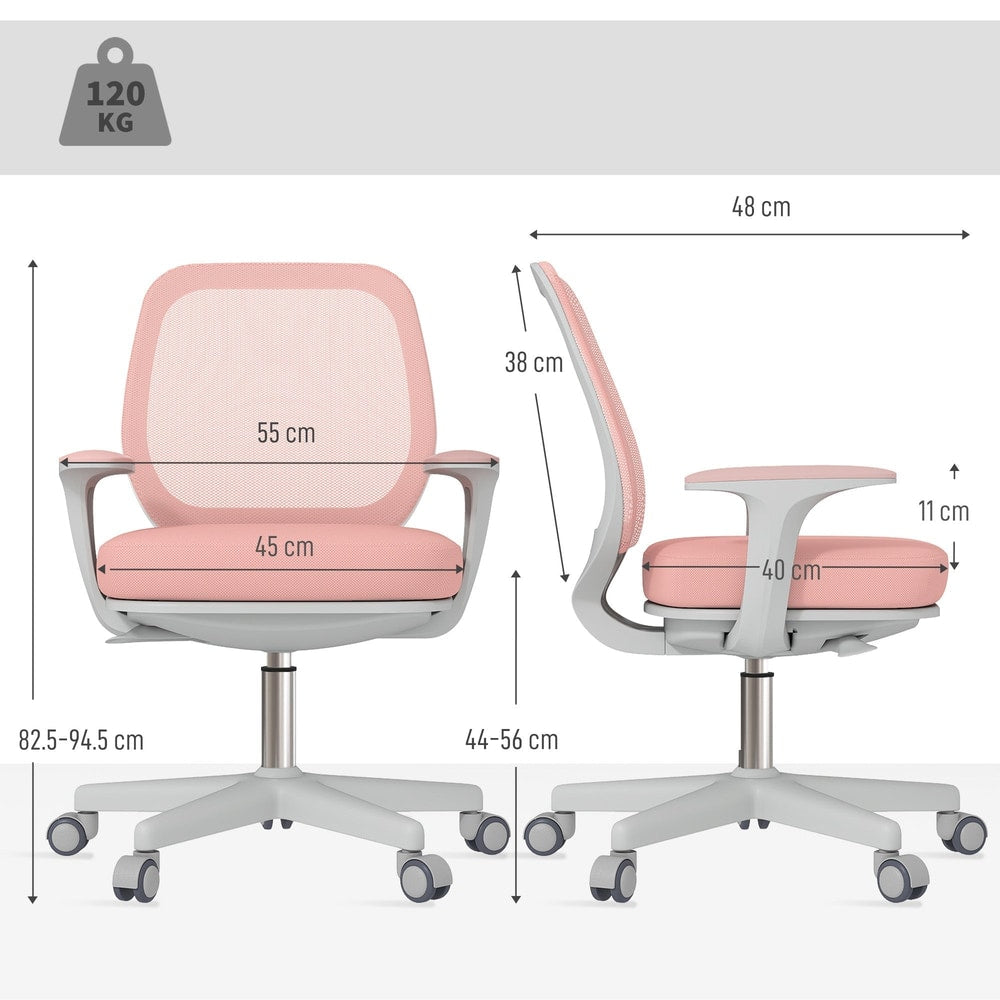 Dimensions diagram for the pink mesh back office chair, showing height and width measurements