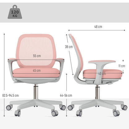 Dimensions diagram for the pink mesh back office chair, showing height and width measurements