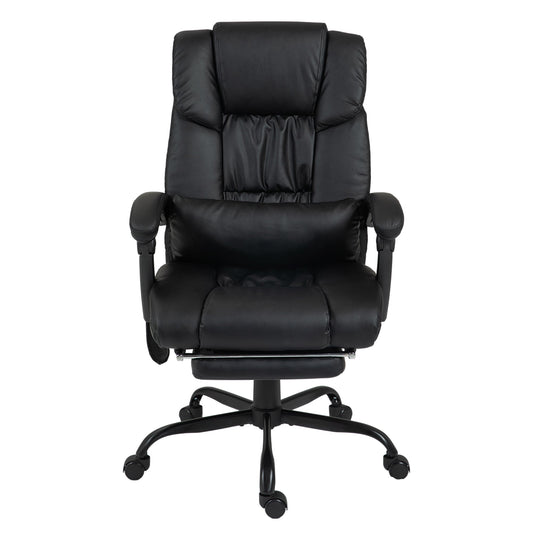 Vinsetto 6-Point Massage Office Chair, a black PU leather desk chair with a headrest and footrest, shown from the front