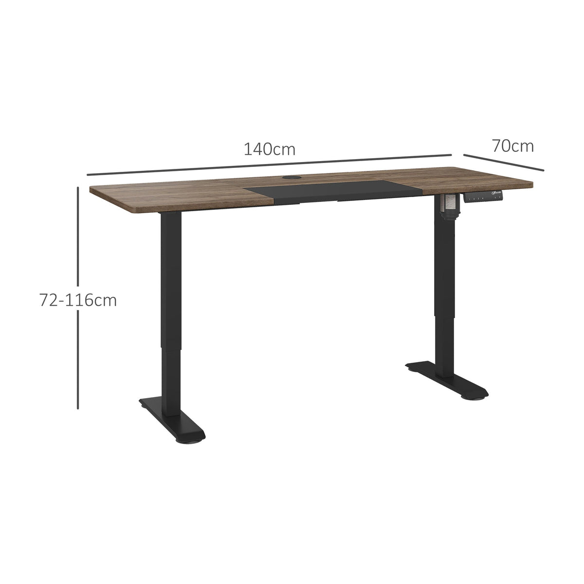 The adjustable standing desk has dimensions labelled for height and width