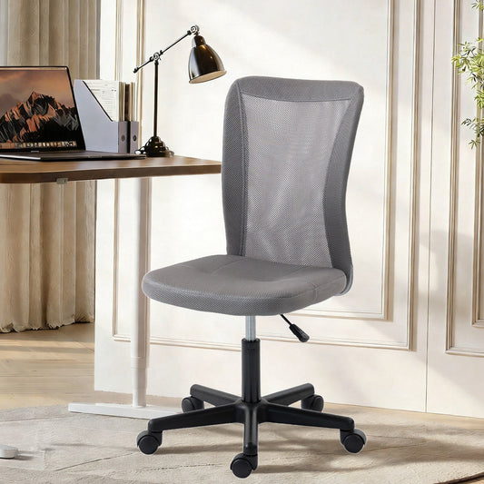 Grey mesh office chair with adjustable height and swivel wheels, shown next to a desk