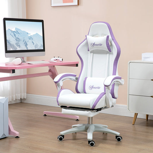 The white and purple office chair is shown in a room next to a desk and computer