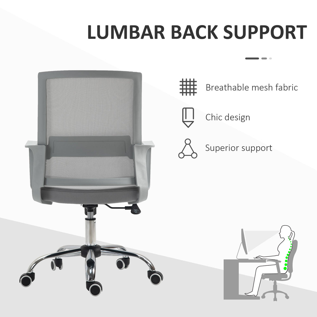 Lumbar back support and breathable mesh fabric of the grey mesh office chair