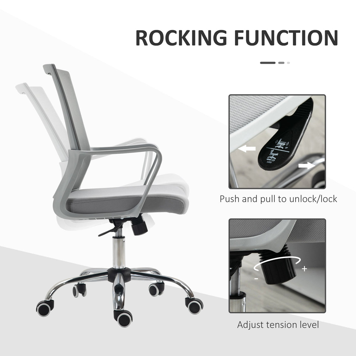 Rocking function and tension adjustment of the grey mesh office chair
