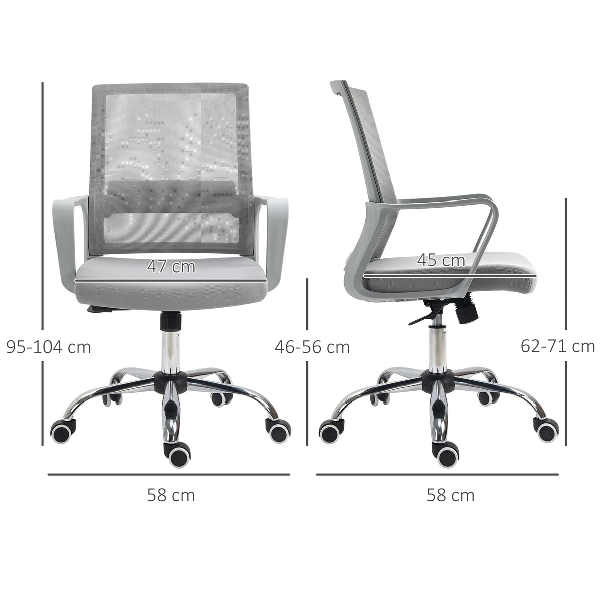 Dimensions of the grey mesh office chair shown from front and side