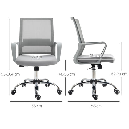 Dimensions of the grey mesh office chair shown from front and side