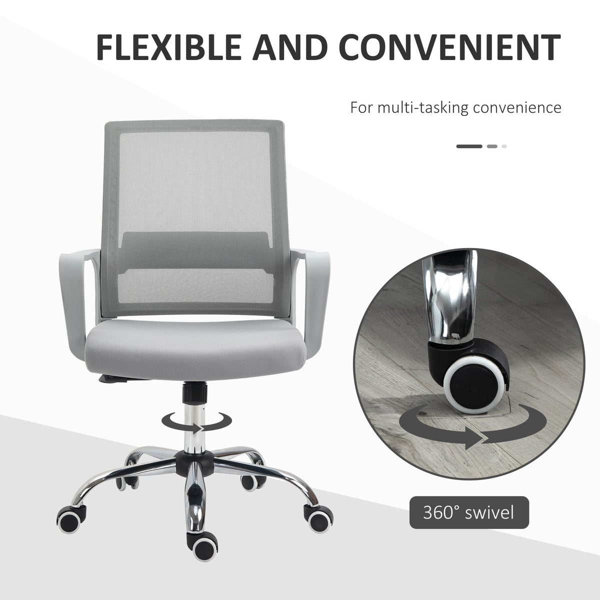 360 swivel castor wheels and flexible movement of the grey mesh office chair