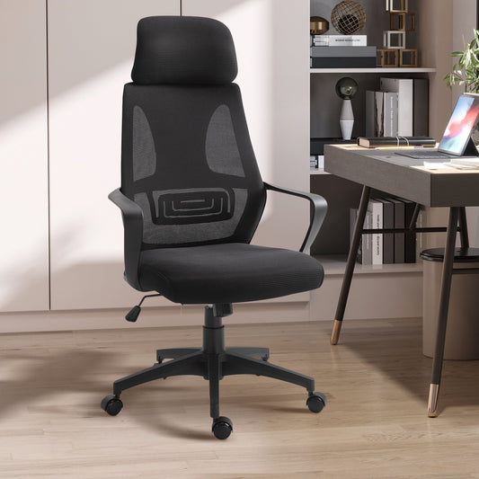 The black mesh computer chair in a home office setting next to a desk