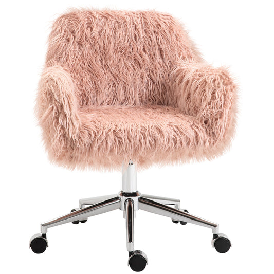 Vinsetto Faux Fur Desk Chair in pink, a fluffy chair with a chrome base and wheels