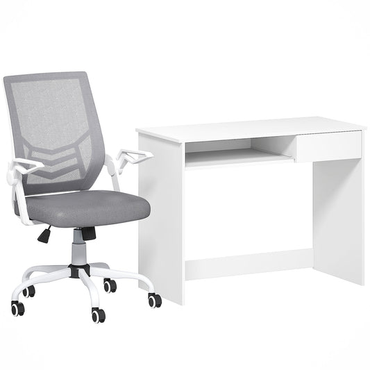 Vinsetto Home Office Chair and Computer Desk Set, a white desk with a grey mesh chair next to it